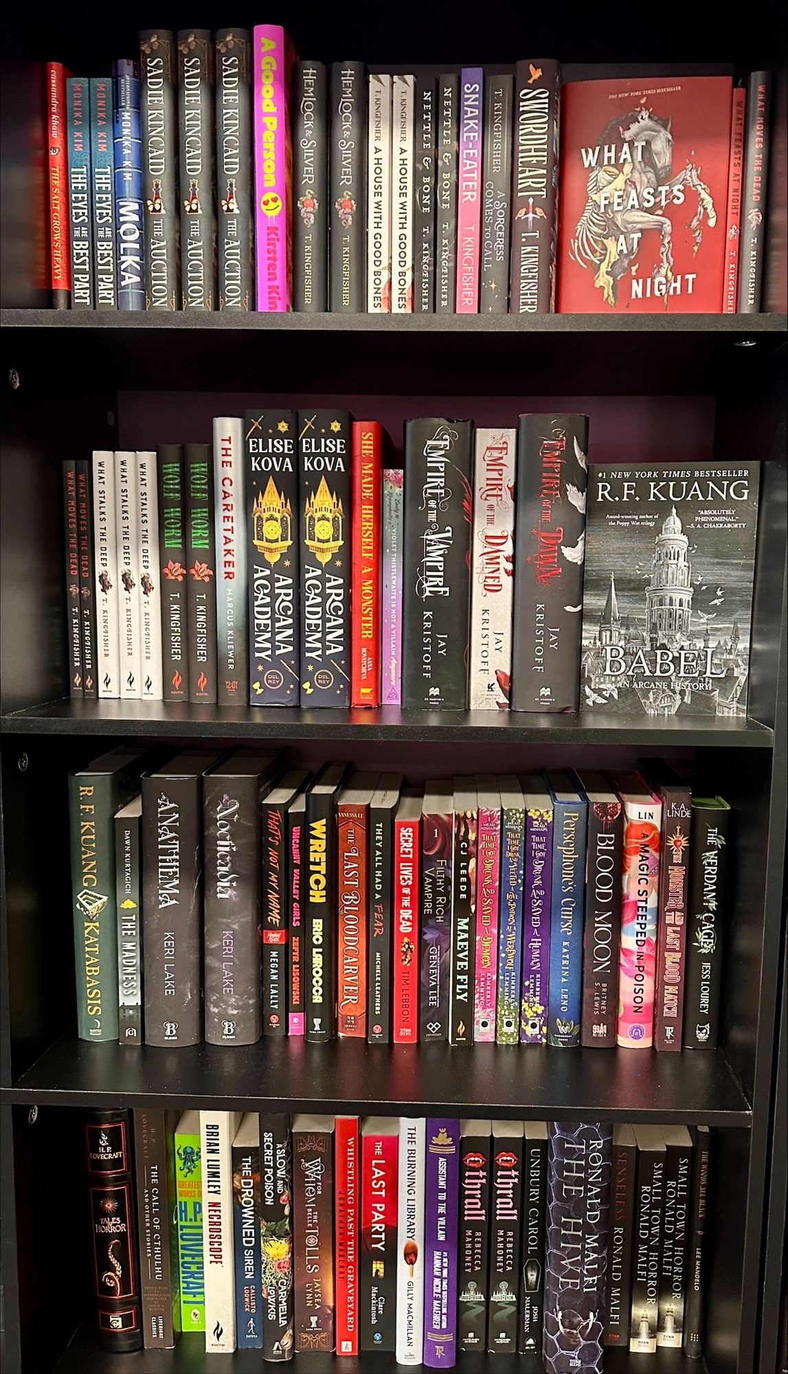 Dark shelves packed with horror and dark fantasy book spines — T. Kingfisher, R.F. Kuang, Jay Kristoff and more